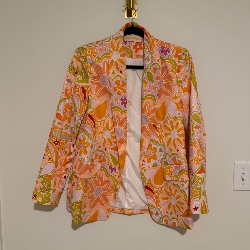 RetroBabeCo Women Orange Pink Psychedelic Floral Mushroom Retro Blazer Small